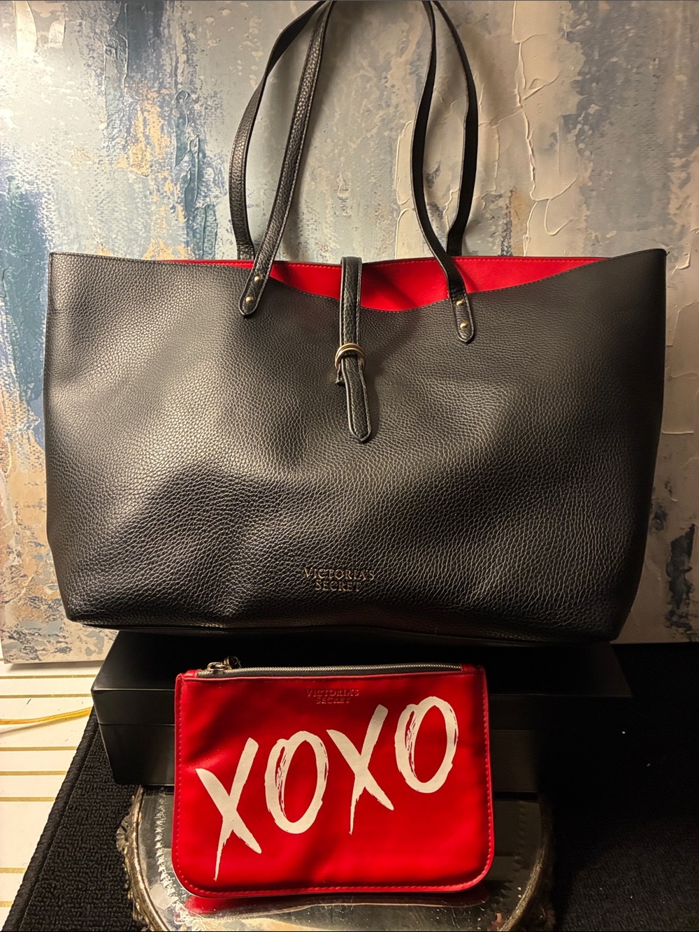 Like NEW !! Victoria's Secret Black Tote with Red Interior and Red XOXO Pouch